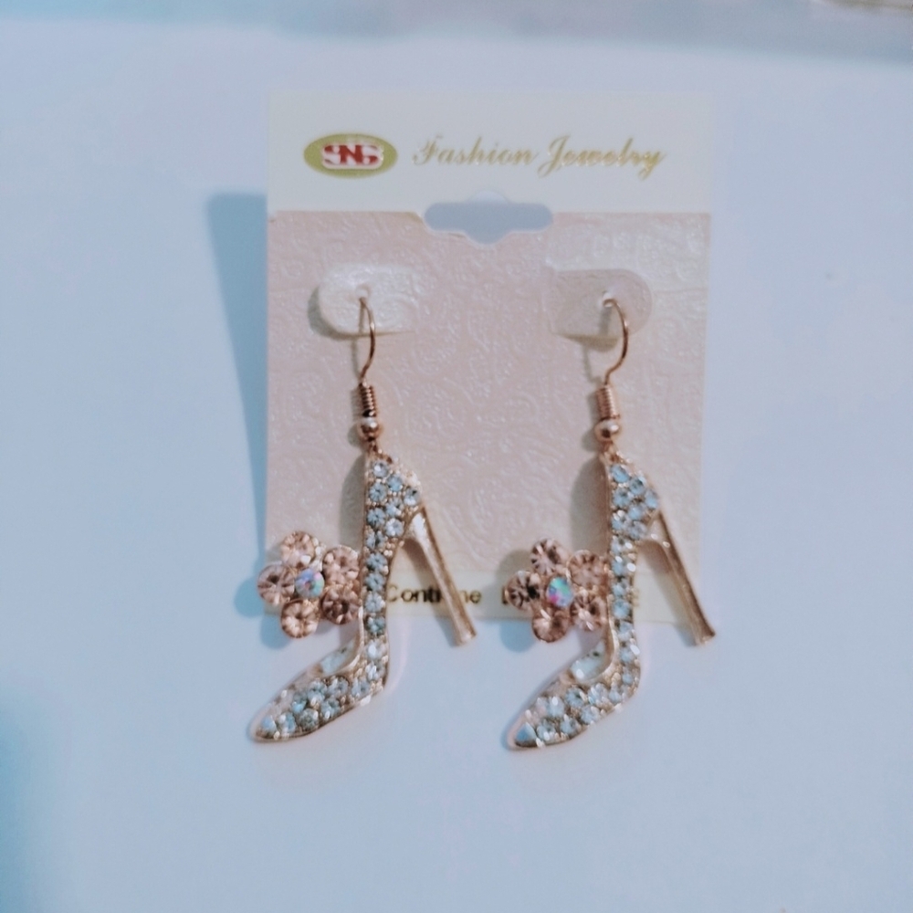 High Heel Earrings with Crystals and Flower, lightweight and long-lasting 5 cm